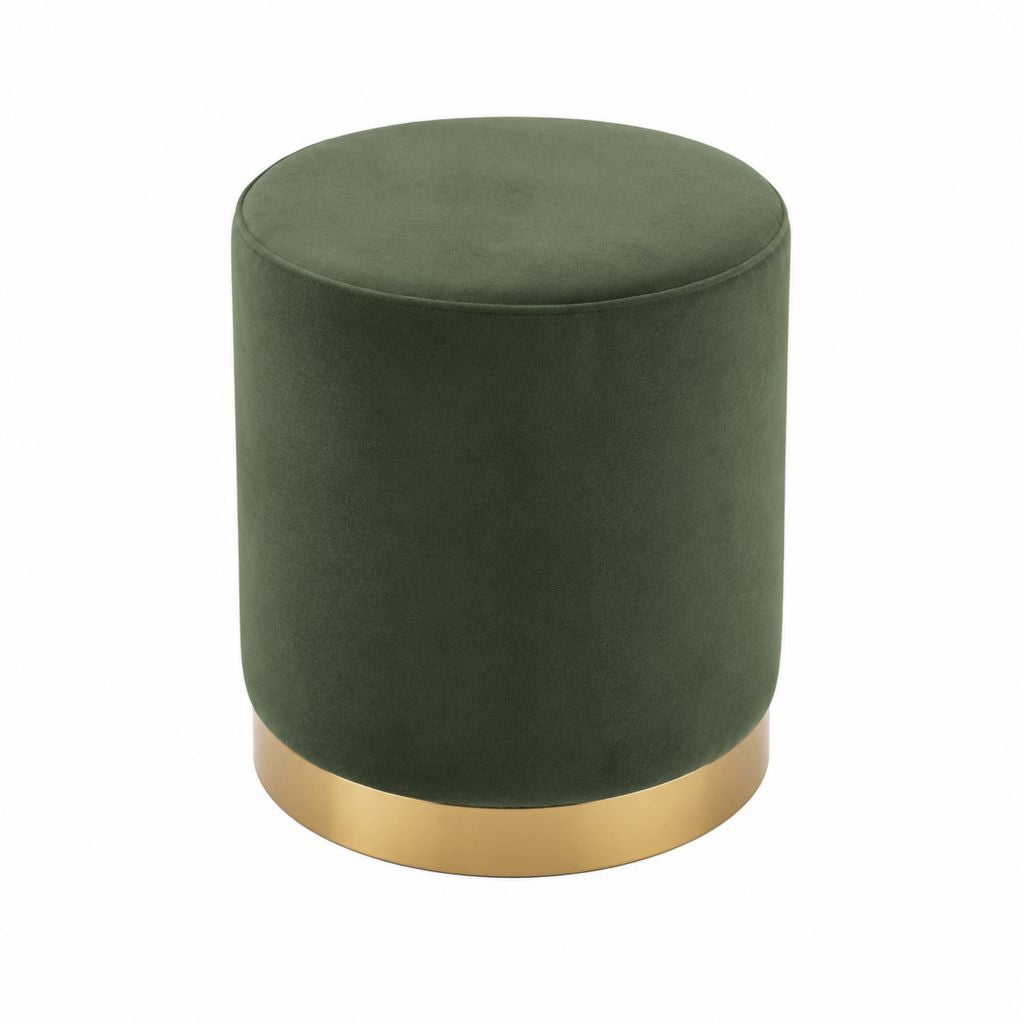 Runder Polsterhocker dunkelgrün aus Polyester-Samt mit goldfarbenem Stahlfuß Ø 40 cm Höhe 45 cm