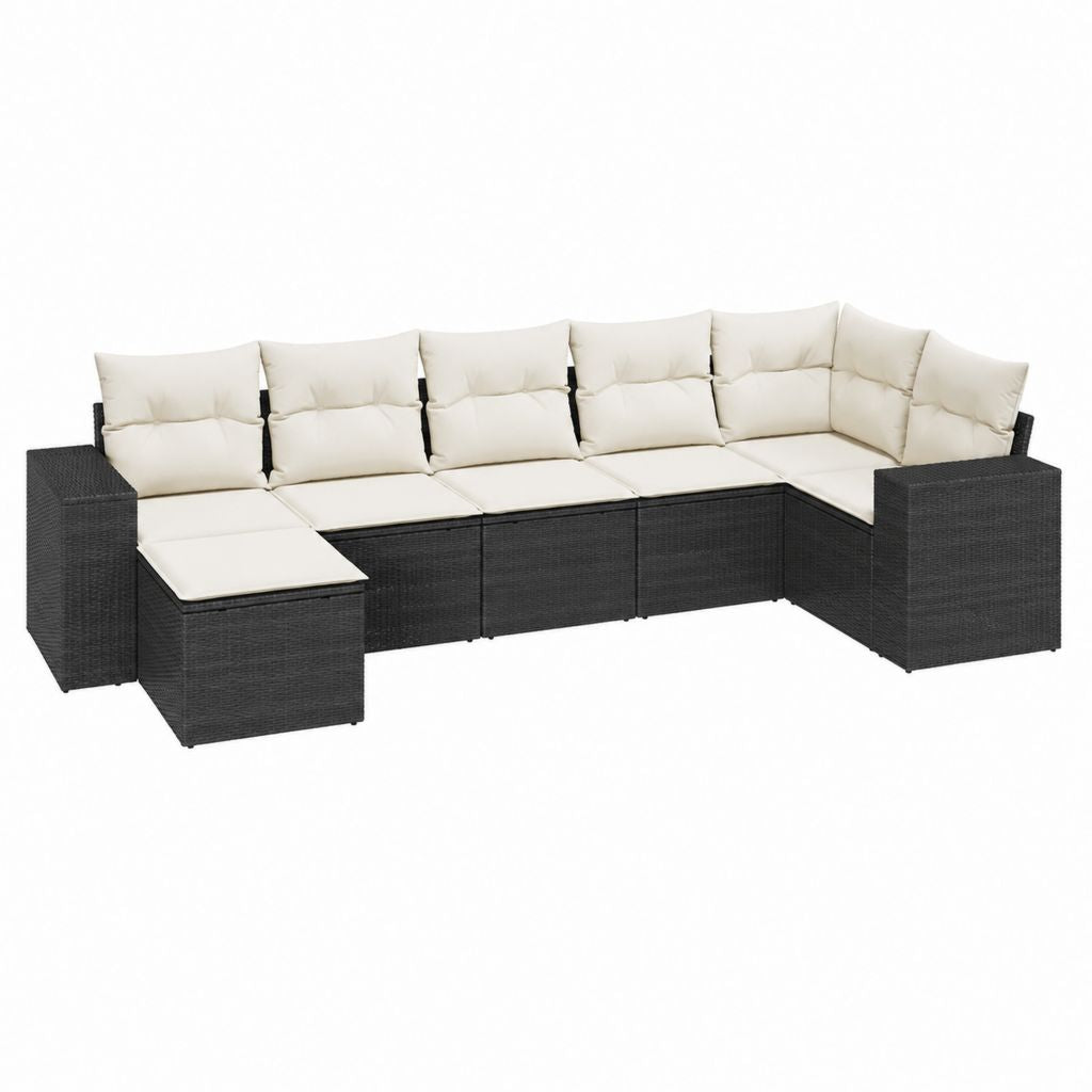7-teiliges Gartenlounge Set in L-Form Schwarz PE-Rattan mit cremefarbenen Polyesterkissen 350 x 140 x 60.5 cm