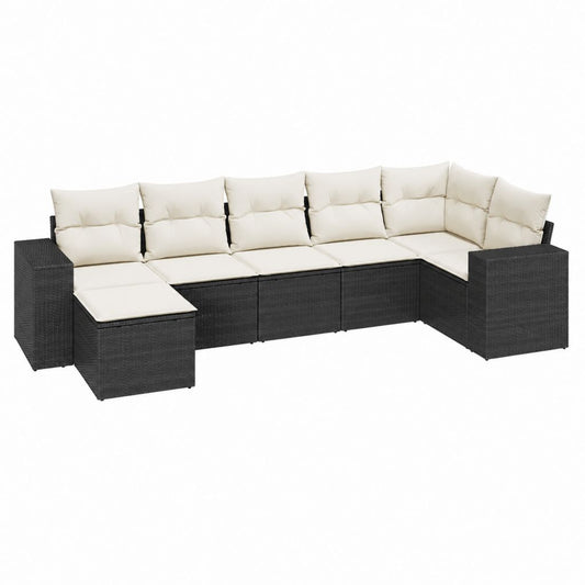 7-teiliges Gartenlounge Set in L-Form Schwarz PE-Rattan mit cremefarbenen Polyesterkissen 350 x 140 x 60.5 cm