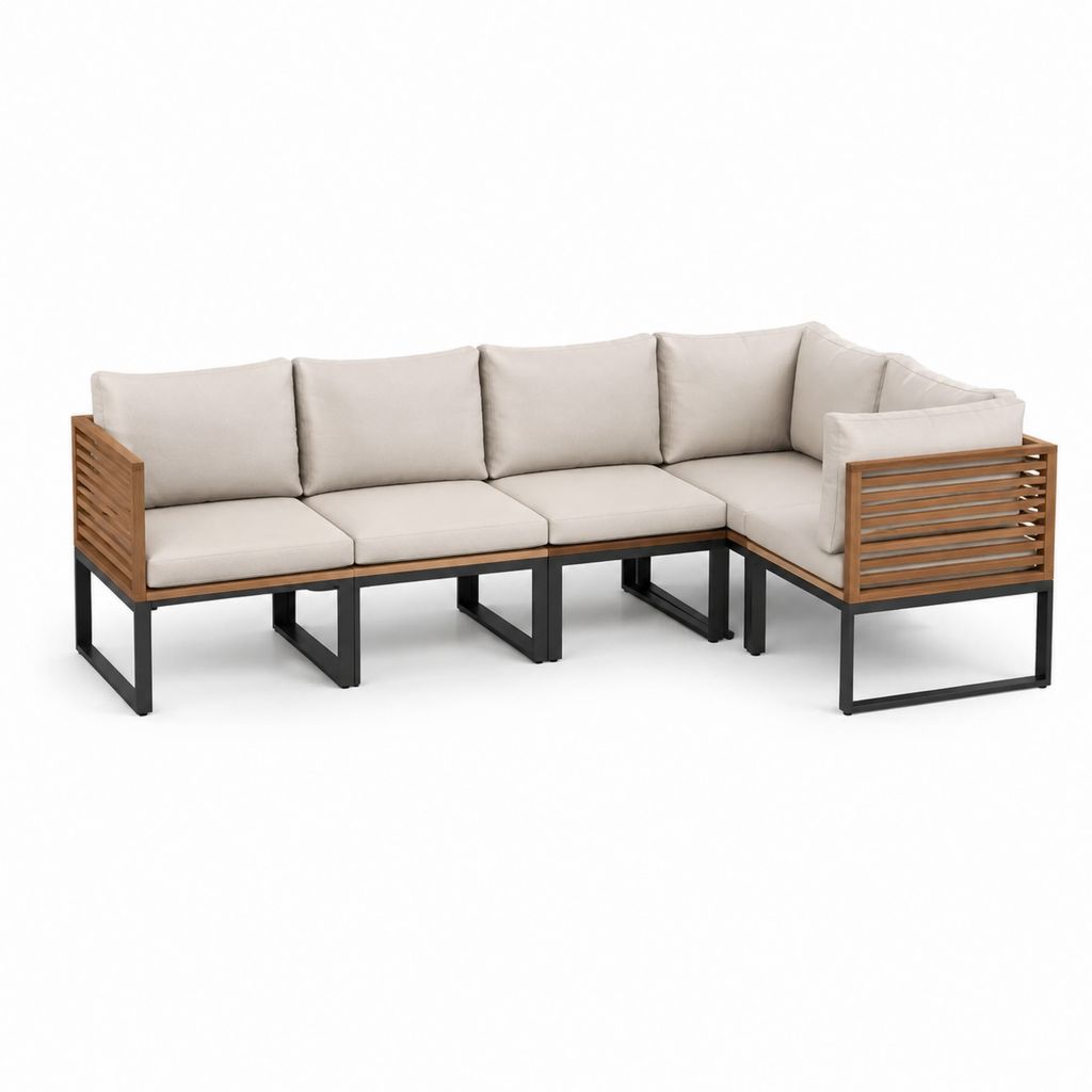 Garten Ecksofa 4-Sitzer Beige Akazienholz Stahl L-Form 280 x 210 x 75 cm