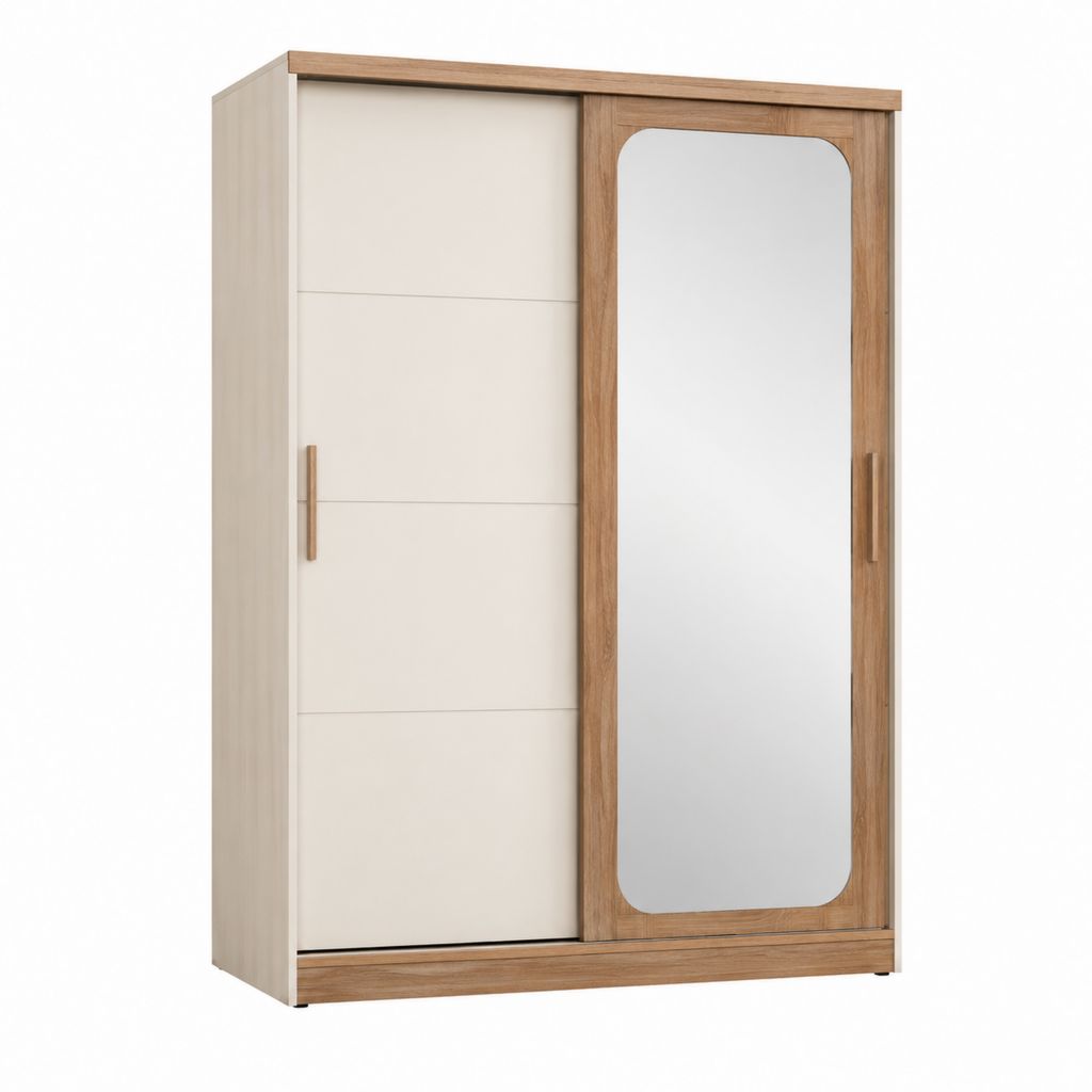 Schwebetürenschrank mit Spiegel Eichefarben Creme Spanplatte rechteckig 120 x 60 x 200 cm