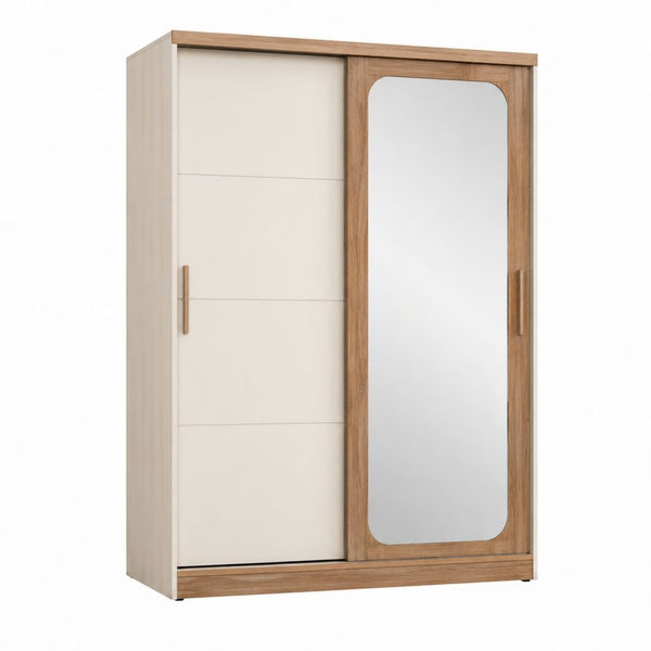 Schwebetürenschrank mit Spiegel Eichefarben Creme Spanplatte rechteckig 120 x 60 x 200 cm
