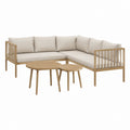 Garten-Loungeset 5-teilig Ecksofa Naturholz mit Cremefarbenen Polyesterkissen und 2 runden Tischen 220 x 220 x 72 cm
