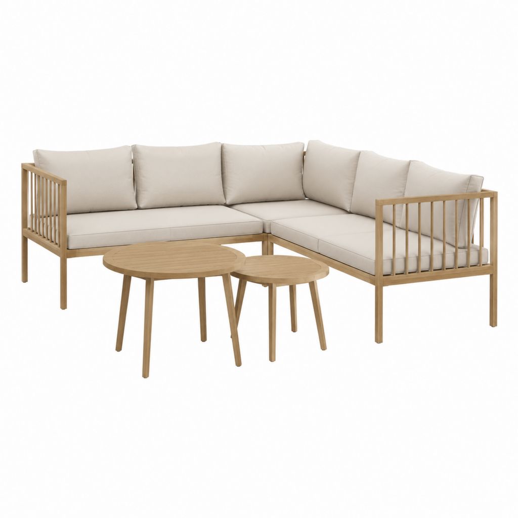 Garten-Loungeset 5-teilig Ecksofa Naturholz mit Cremefarbenen Polyesterkissen und 2 runden Tischen 220 x 220 x 72 cm