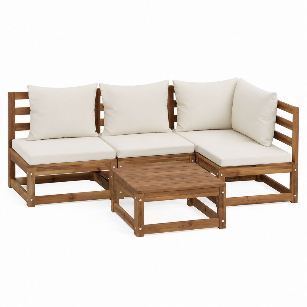 Gartenlounge Set 4-teilig Braun Cremeweiß aus massivem Akazienholz L-förmig mit Kissen 70 x 70 x 60 cm