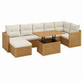 5-teiliges Gartenlounge Set aus Akazien-Massivholz natur mit cremefarbenen Polyesterkissen und höhenverstellbarem Tisch 280 x 210 cm