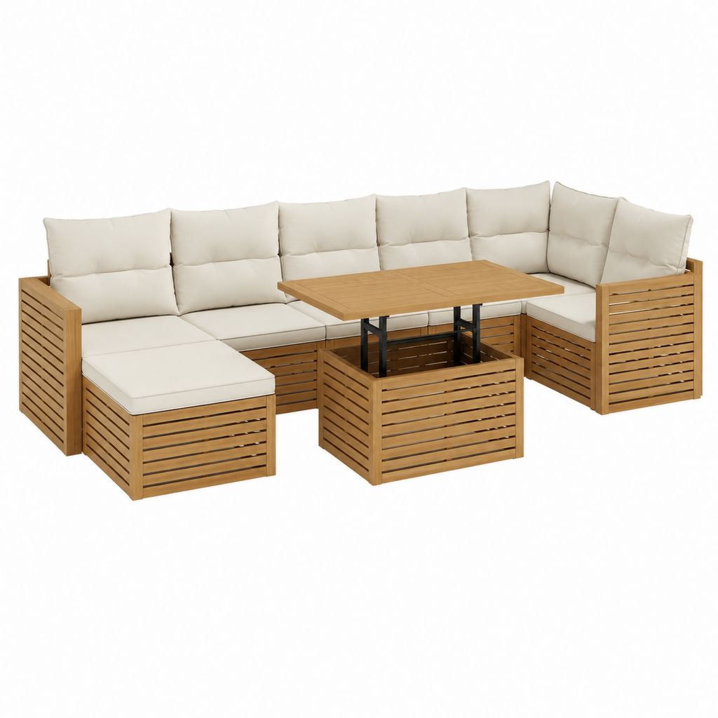 5-teiliges Gartenlounge Set aus Akazien-Massivholz natur mit cremefarbenen Polyesterkissen und höhenverstellbarem Tisch 280 x 210 cm