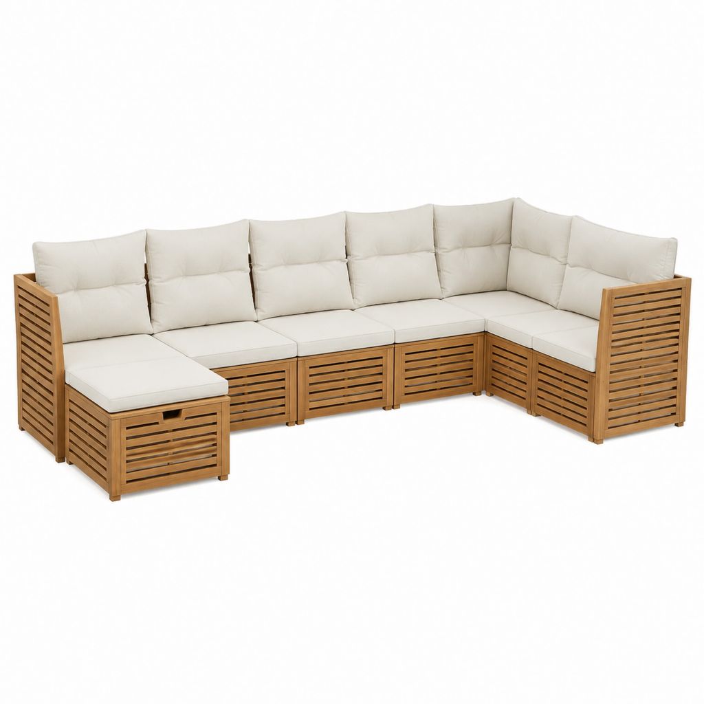 Gartensofa Ecksofa 5-Sitzer naturbeige aus massivem Akazienholz mit Polyesterpolstern 280 x 210 x 75 cm