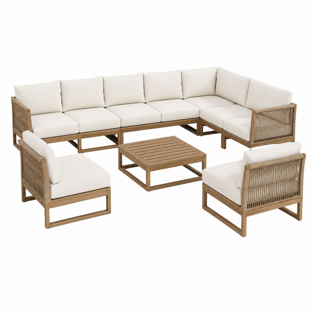 9-teiliges Gartenlounge Set Beige aus Akazienholz mit Ecksofa Sesseln und Couchtisch 300 x 230 cm
