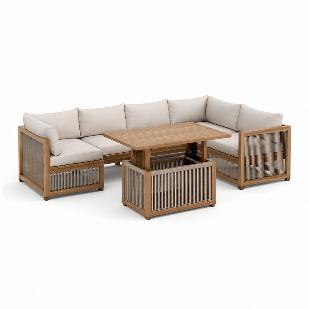 Gartensofa Ecklounge 3-teilig Beige Akazienholz L-Form mit Hubtisch 225 x 225 x 70 cm