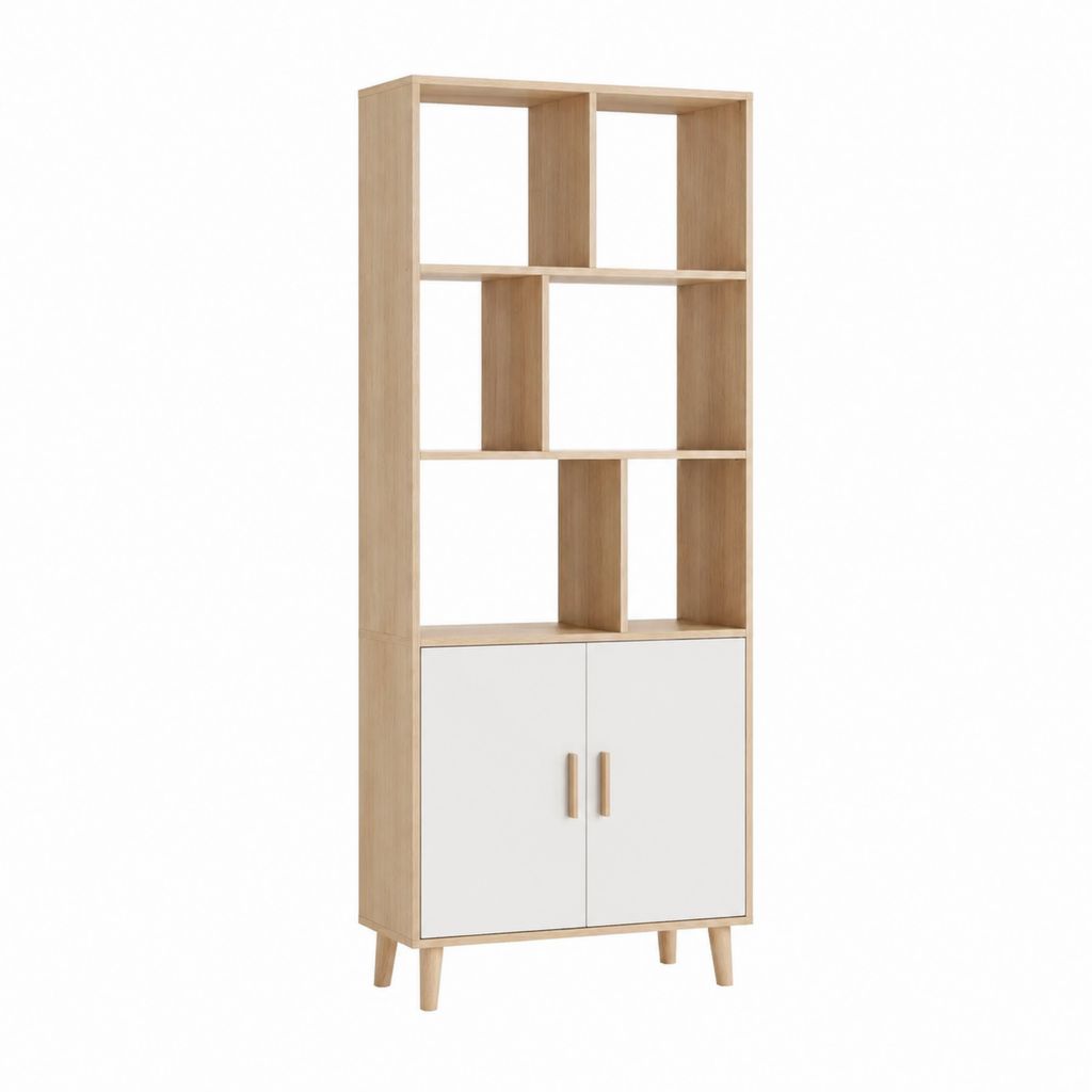 Bücherregal mit Schrank in Eiche-Optik Weiß aus Spanplatte 80 x 30 x 180 cm